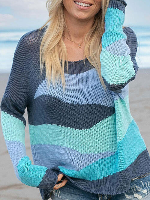 Color Block Round Neck Drop Shoulder Sweater