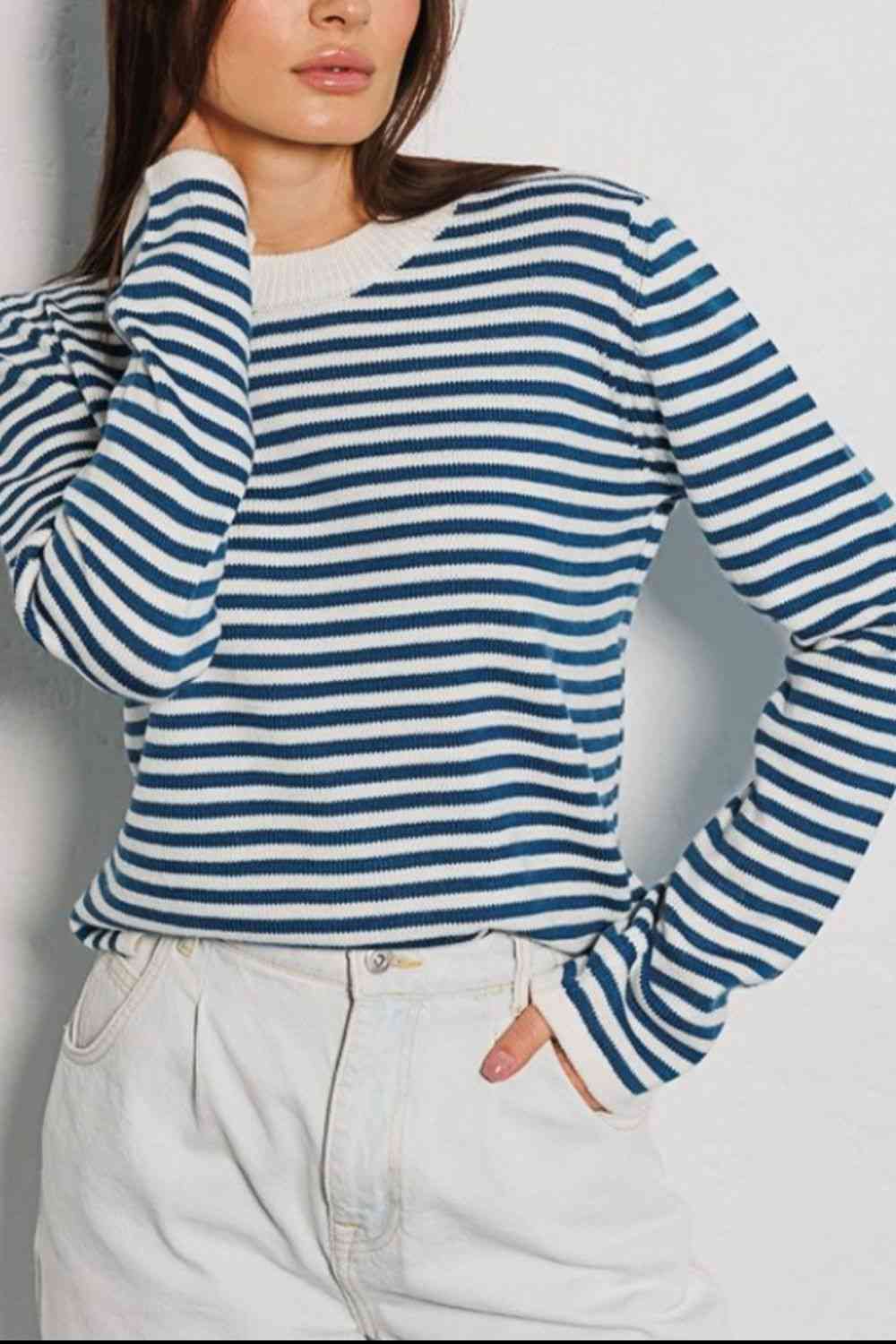 Striped Round Neck Long Sleeve Sweater - Deals DejaVu