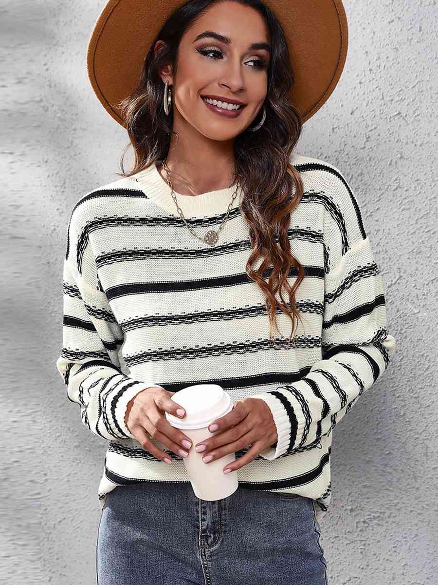 Striped Round Neck Dropped Shoulder Sweater - Deals DejaVu