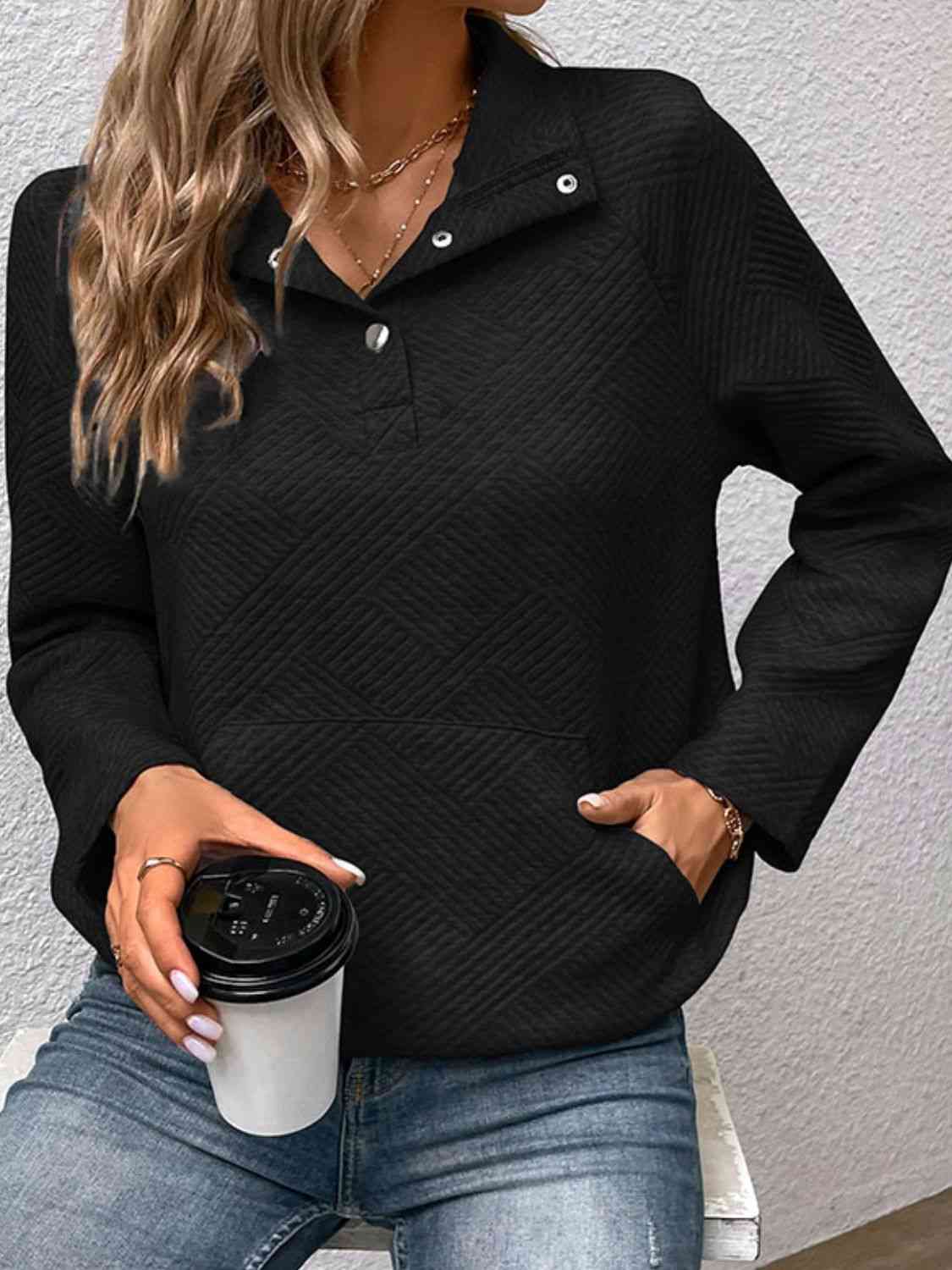 Half Buttoned Collared Neck Sweatshirt with Pocket (BFD) T - Deals DejaVu