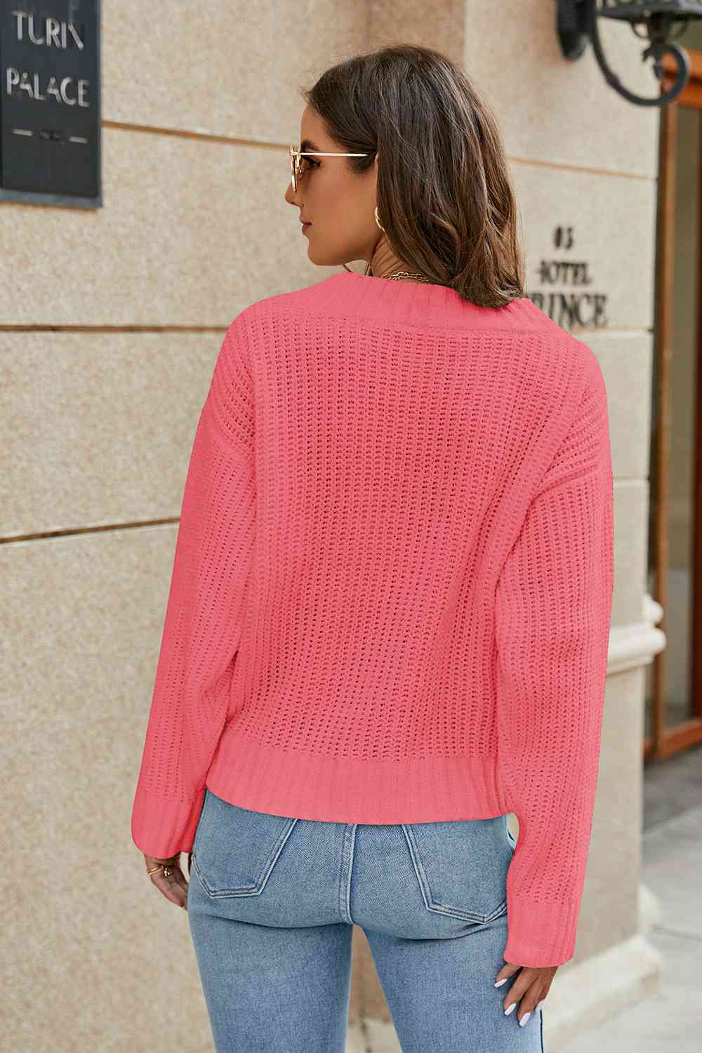 Openwork Surplice Long Sleeve Sweater - Deals DejaVu