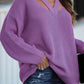Full Size Cutout V-Neck Rib-Knit Sweater - Deals DejaVu