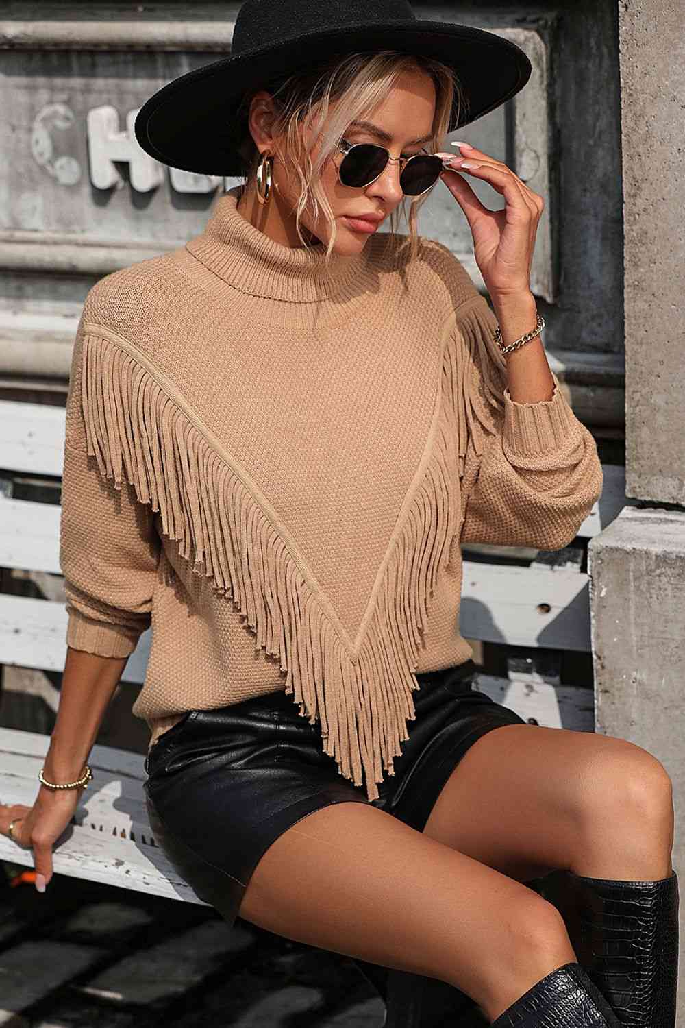 Turtle Neck Tassel Front Long Sleeve Pullover Sweater - Deals DejaVu