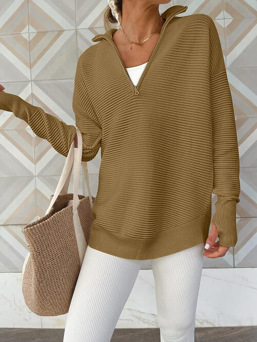 Half Zip Long Sleeve Knit Top - Deals DejaVu