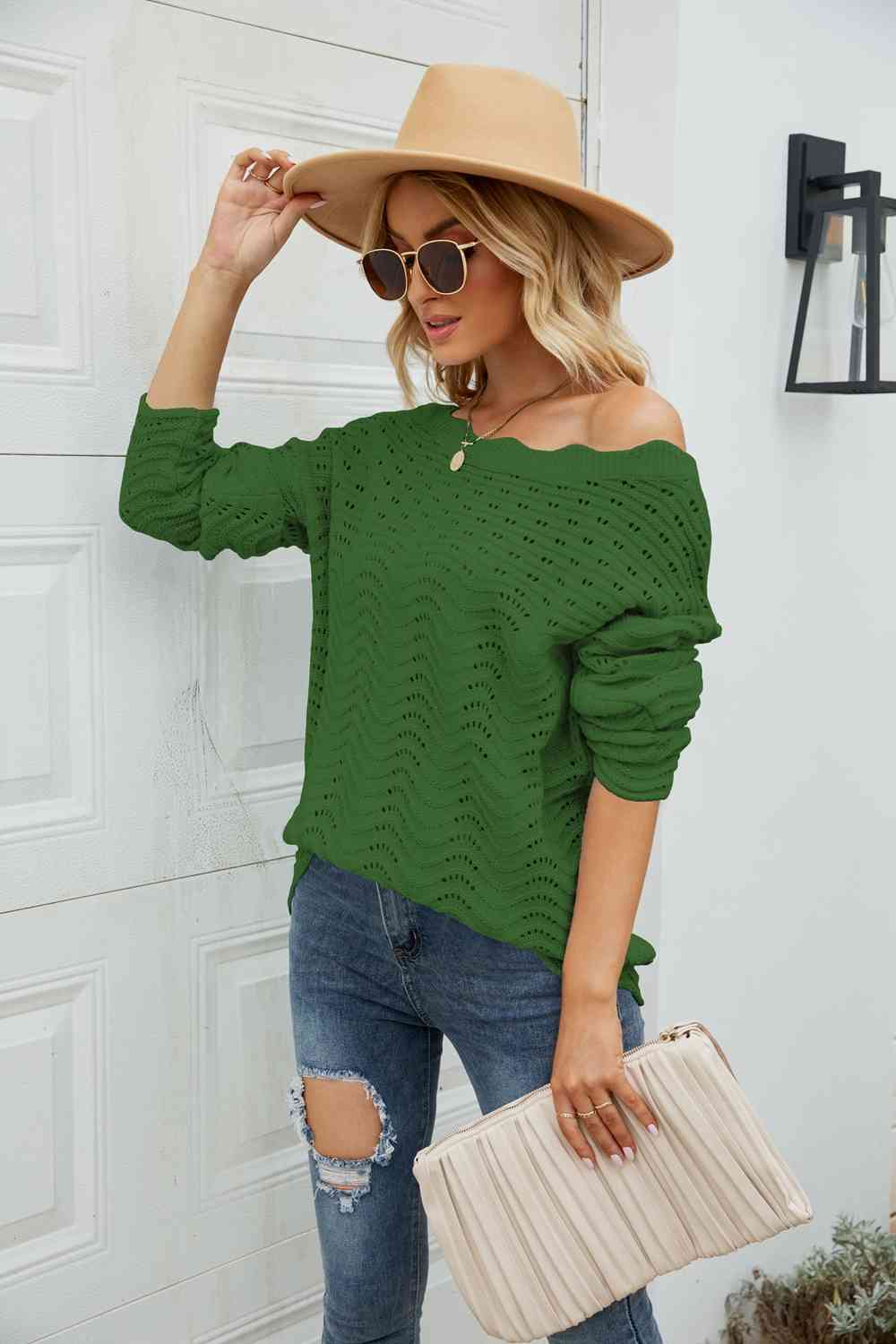 Woven Right Scalloped Boat Neck Openwork Tunic Sweater - Deals DejaVu