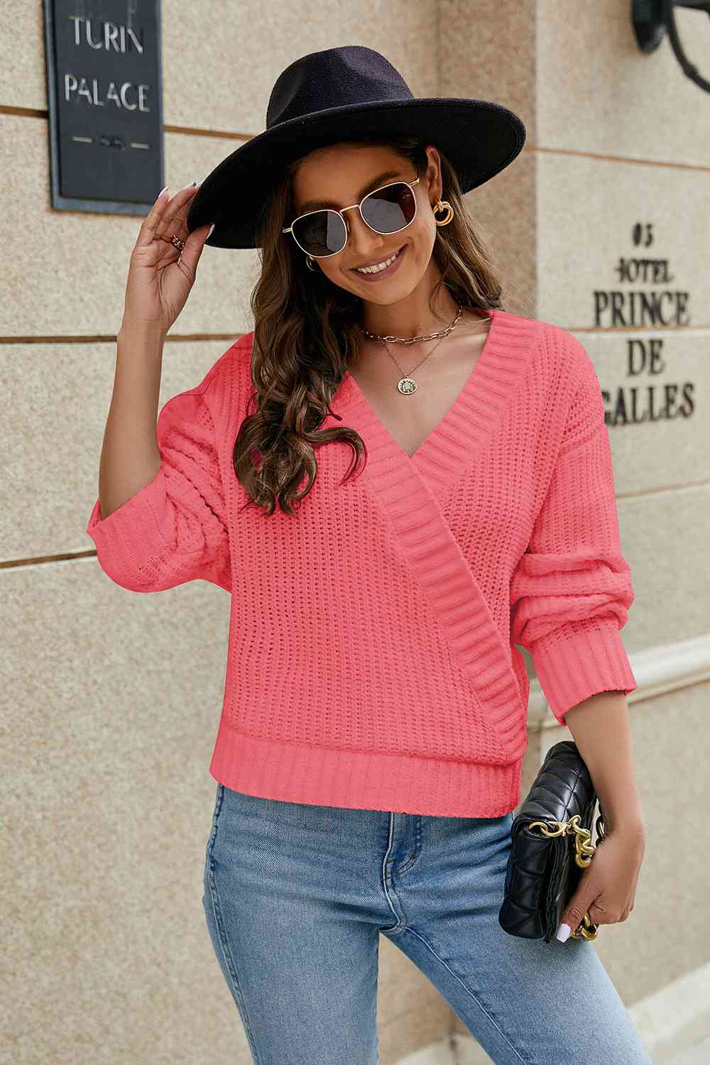 Openwork Surplice Long Sleeve Sweater - Deals DejaVu