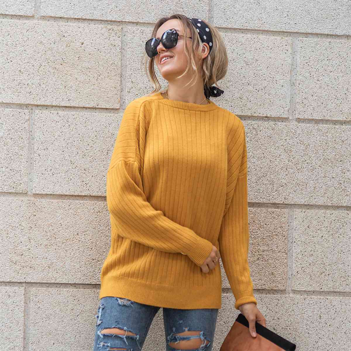 Round Neck Dropped Shoulder Sweater - Deals DejaVu