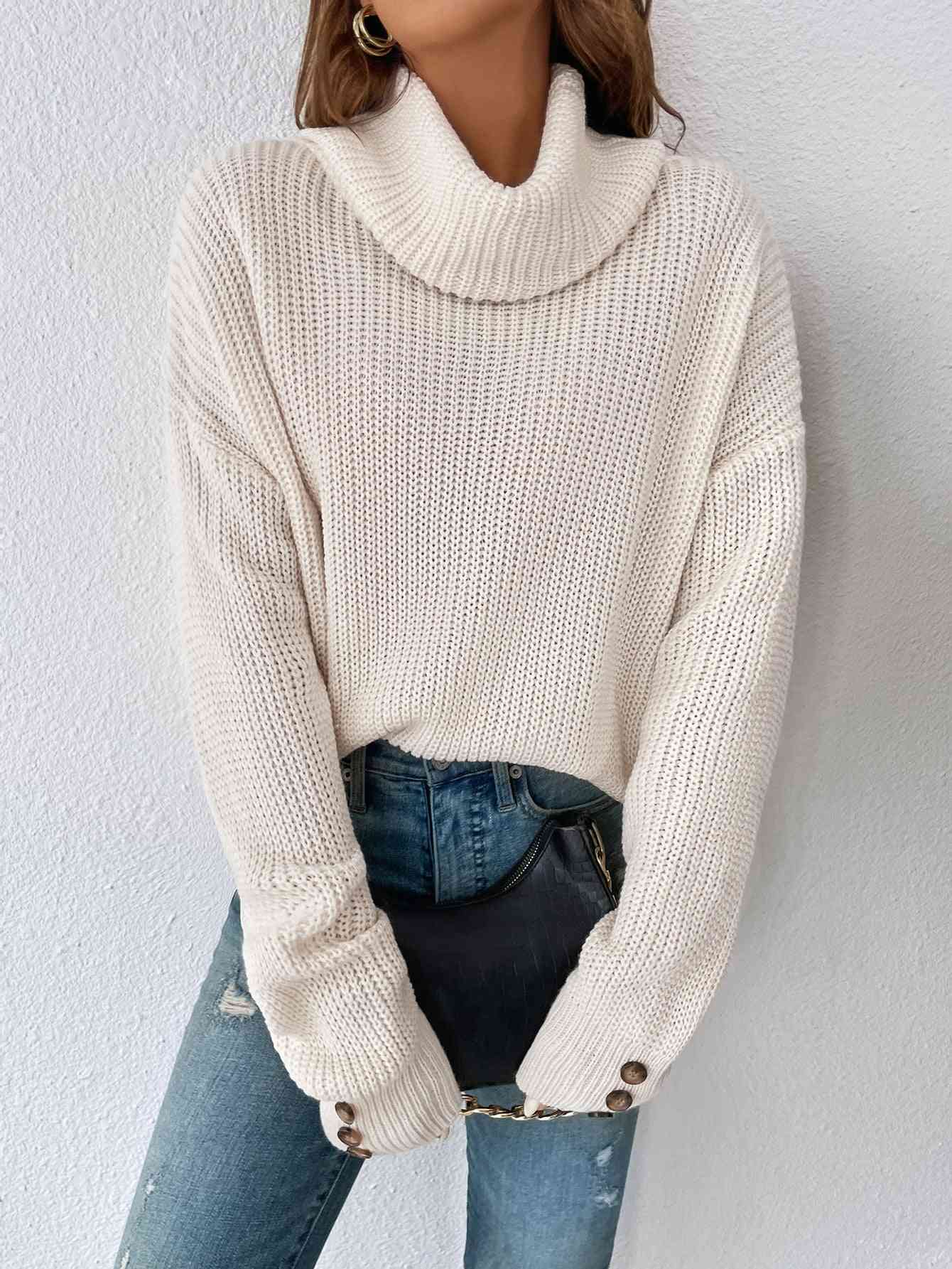 Woven Right Decorative Button Turtleneck Dropped Shoulder Sweater - Deals DejaVu