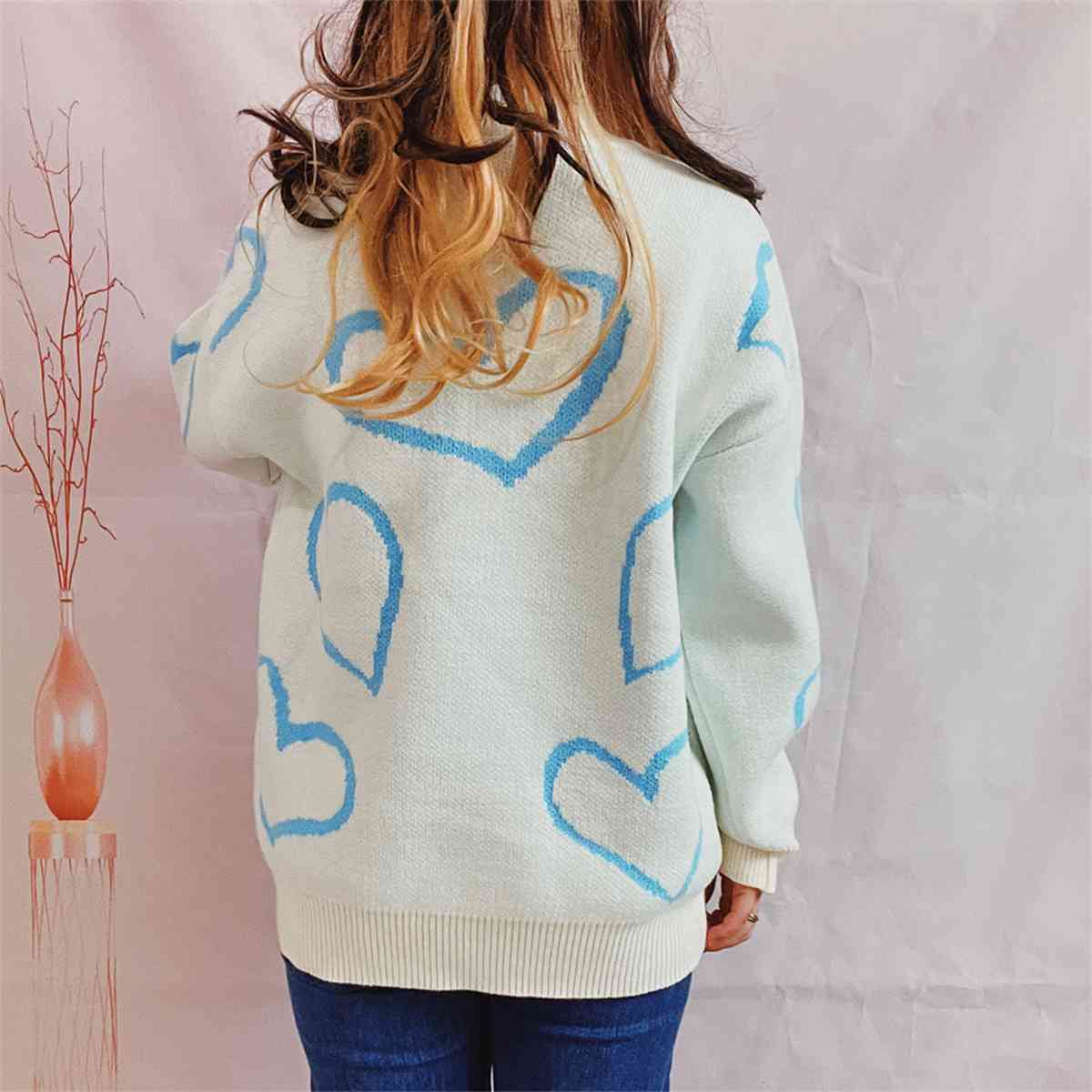 Heart Pattern Long Sleeve Sweater - Deals DejaVu