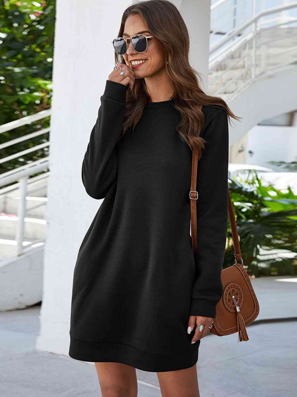 Round Neck Long Sleeve Mini Dress with Pockets (BFD) T - Deals DejaVu