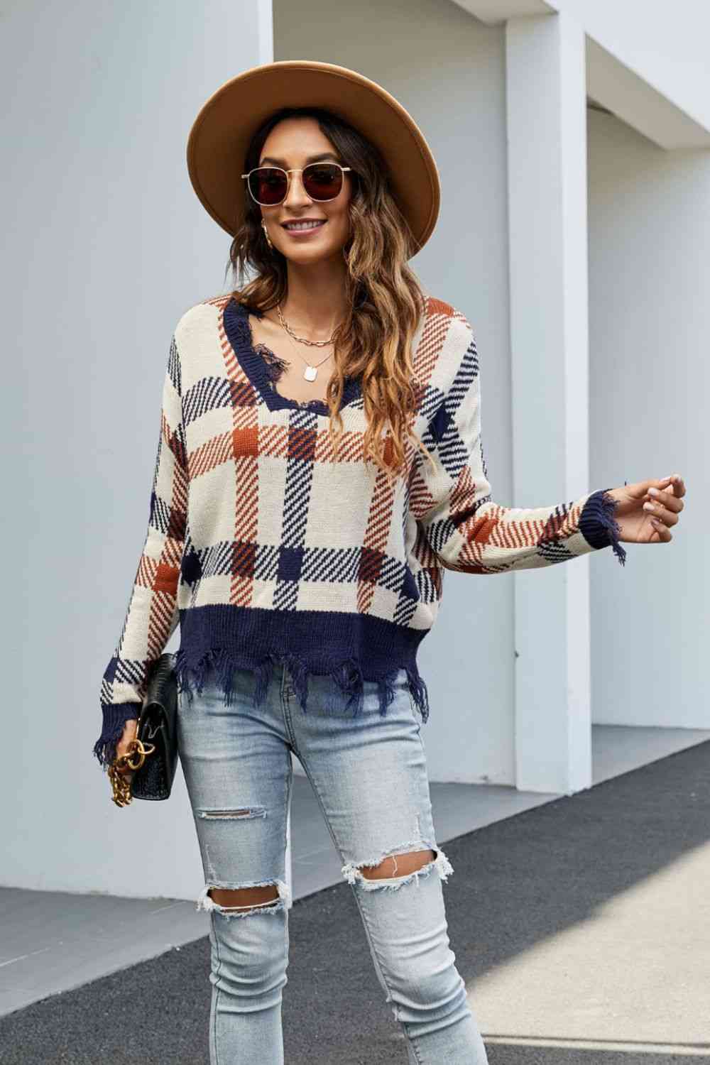 Plaid Distressed Drop Shoulder Sweater - Deals DejaVu