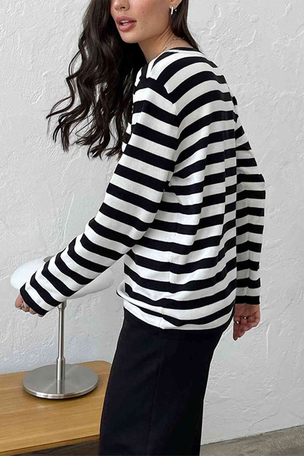 Striped Round Neck Long Sleeve Sweater - Deals DejaVu