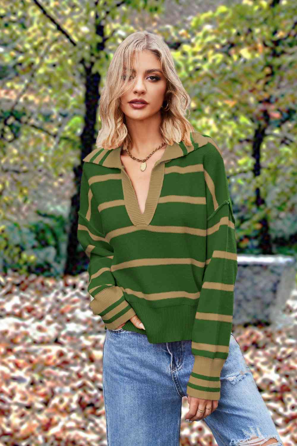 Striped Collared Long Sleeve Sweater - Deals DejaVu