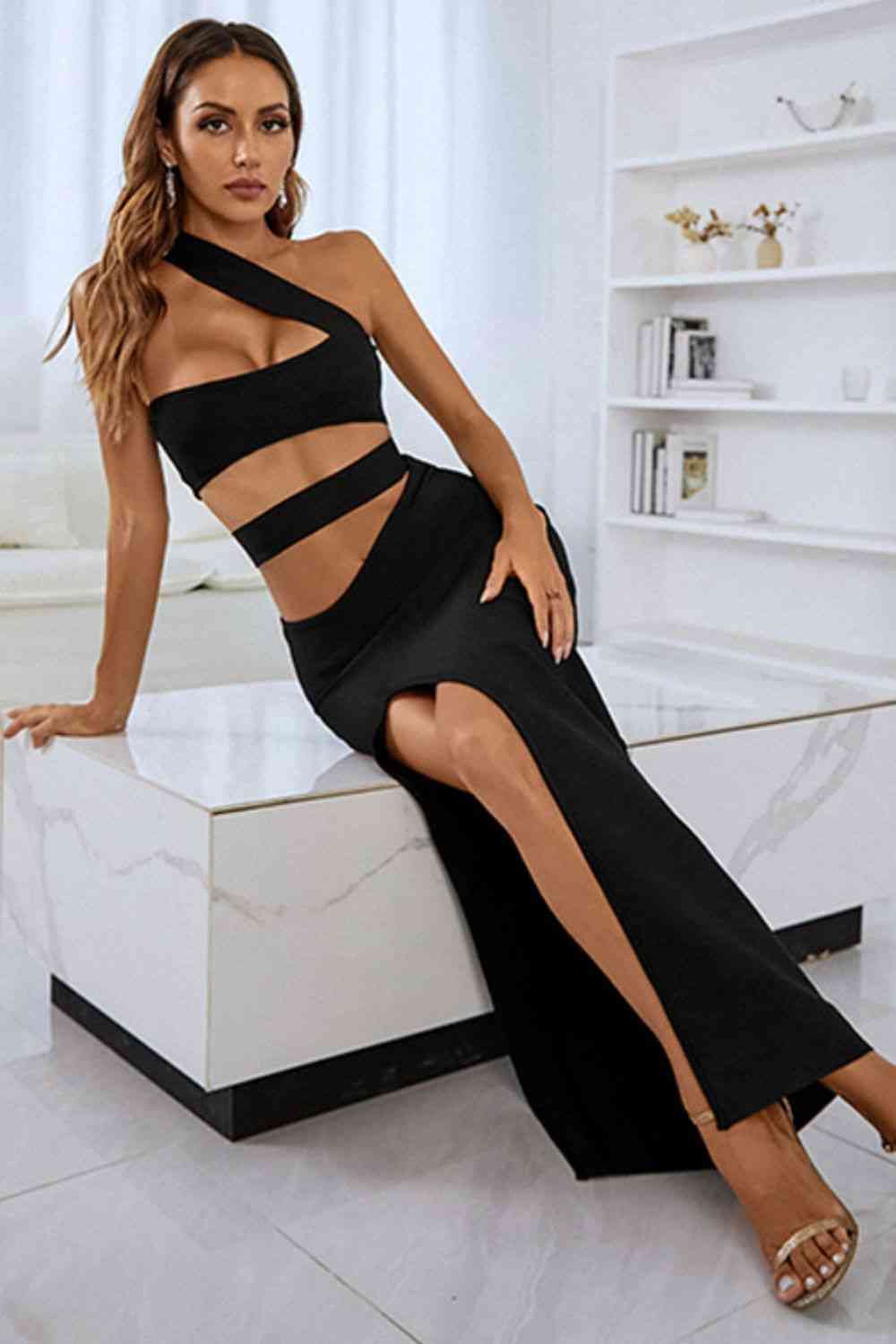 One-Shoulder Cutout Front Split Maxi Dress (BWMT) T - Deals DejaVu