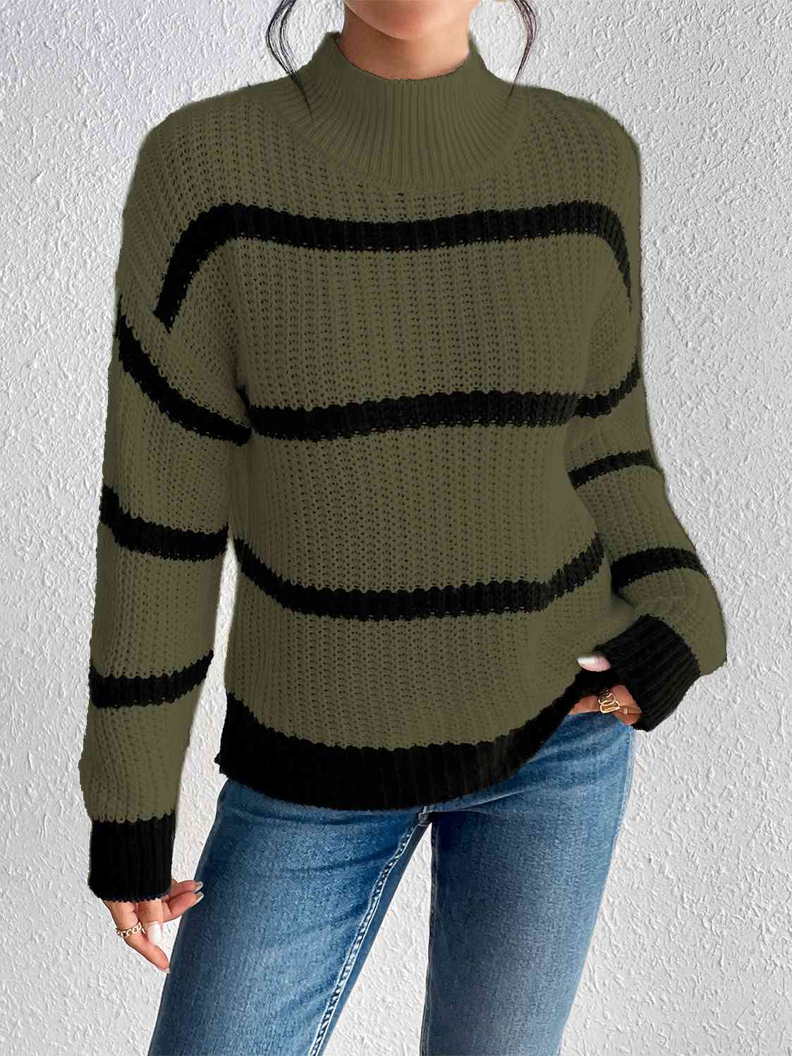 Striped Mock Neck Sweater - Deals DejaVu