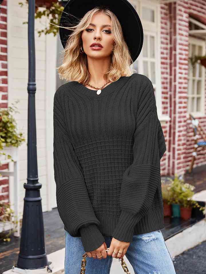 Round Neck Dropped Shoulder Sweater - Deals DejaVu