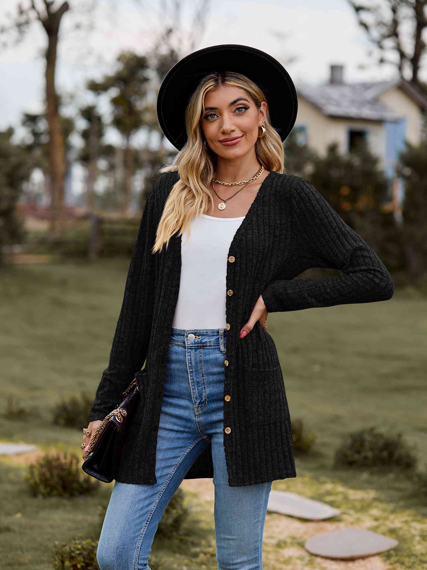 Ribbed Button-Up Cardigan with Pockets (BFD) T - Deals DejaVu