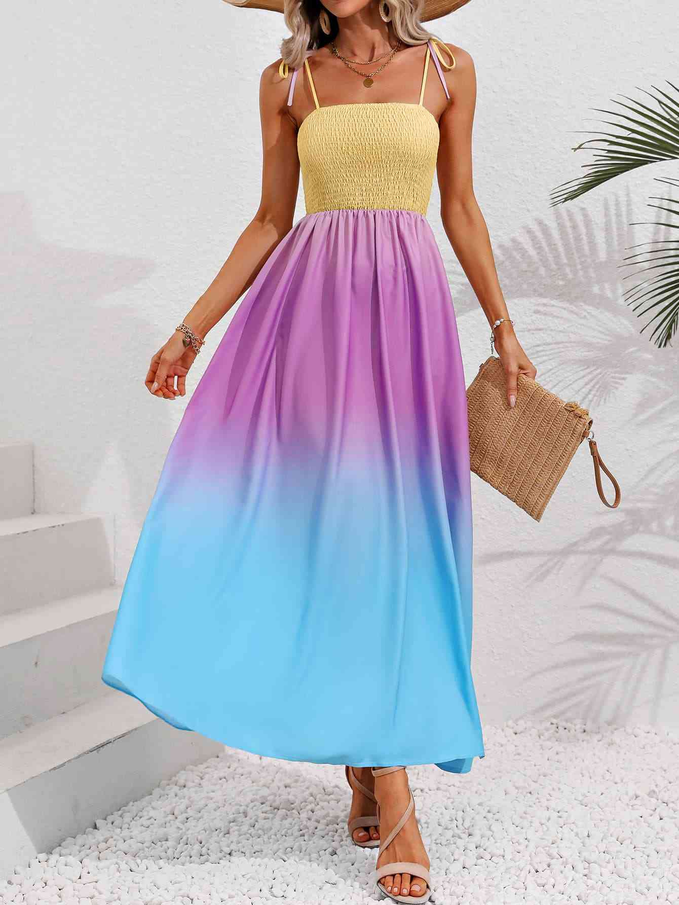 Color Block Tie Shoulder Smocked Maxi Dress (BWMT) T - Deals DejaVu