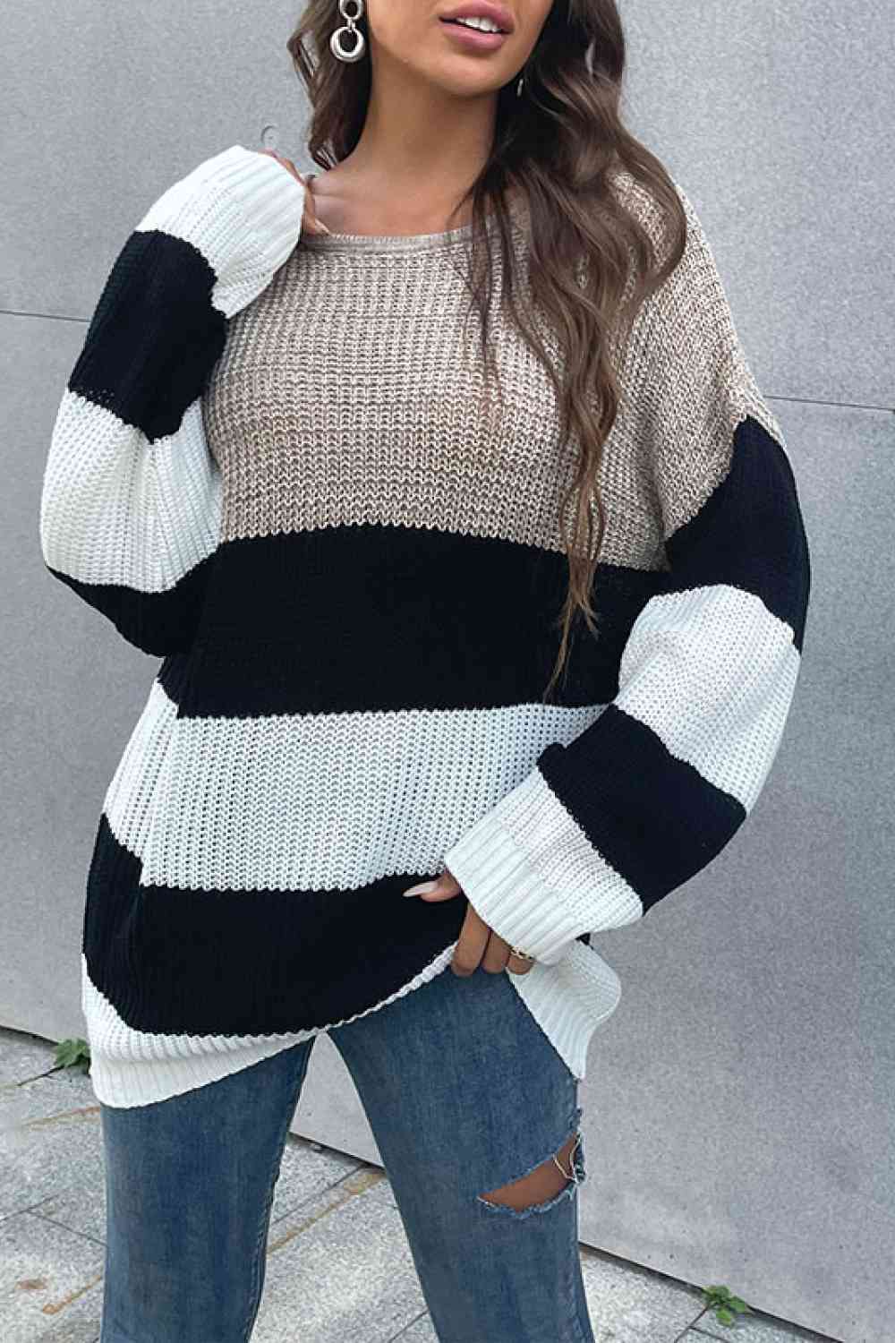 Color Block Striped Long Sleeve Sweater - Deals DejaVu