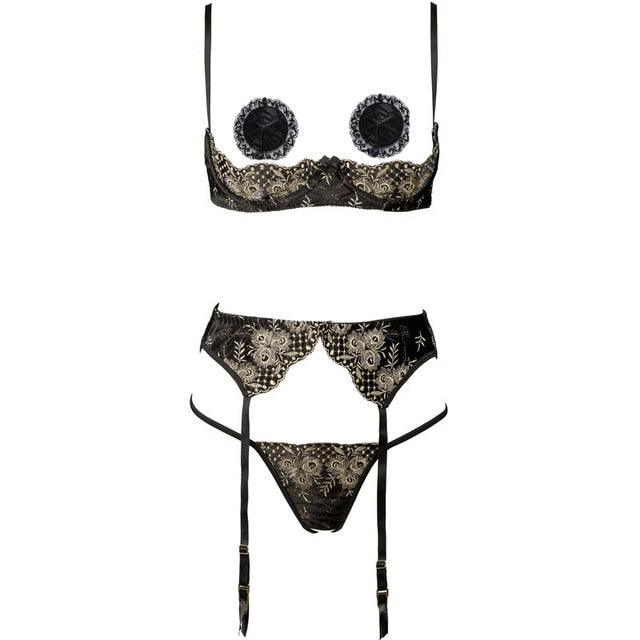 Beautiful Women's 1/4 Cup Sexy Bra & Crotchless Panties Set - Embroidery Lingerie Thin Temptation Sets (TSL2)(F29)