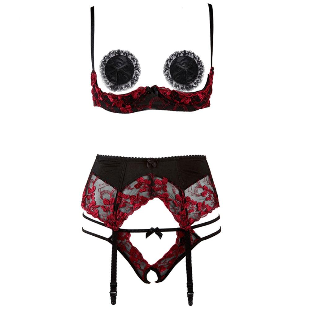 Beautiful Women's 1/4 Cup Sexy Bra & Crotchless Panties Set - Embroide Deals DejaVu Beautiful Women's 1/4 Cup Sexy Bra & Crotchless Panties Set - Embroide Deals DejaVu