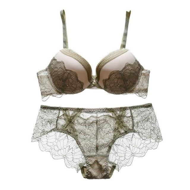 Amazing Women's Bra + Underwear Set - Sexy Lingerie Jacquard Deep V Belt Lace Bra - Push Up Underwear Set (2U27)(2U28)