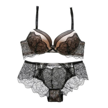 Amazing Women's Bra + Underwear Set - Sexy Lingerie Jacquard Deep V Belt Lace Bra - Push Up Underwear Set (2U27)(2U28)