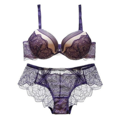 Amazing Women's Bra + Underwear Set - Sexy Lingerie Jacquard Deep V Belt Lace Bra - Push Up Underwear Set (2U27)(2U28)