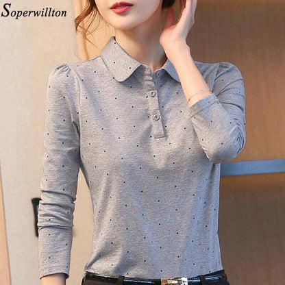 Gorgeous 100% Cotton Polo Shirt - Women Long Sleeve T Shirt - Office Work Wear - Lady Polka Dot Top (D19)(TB2)