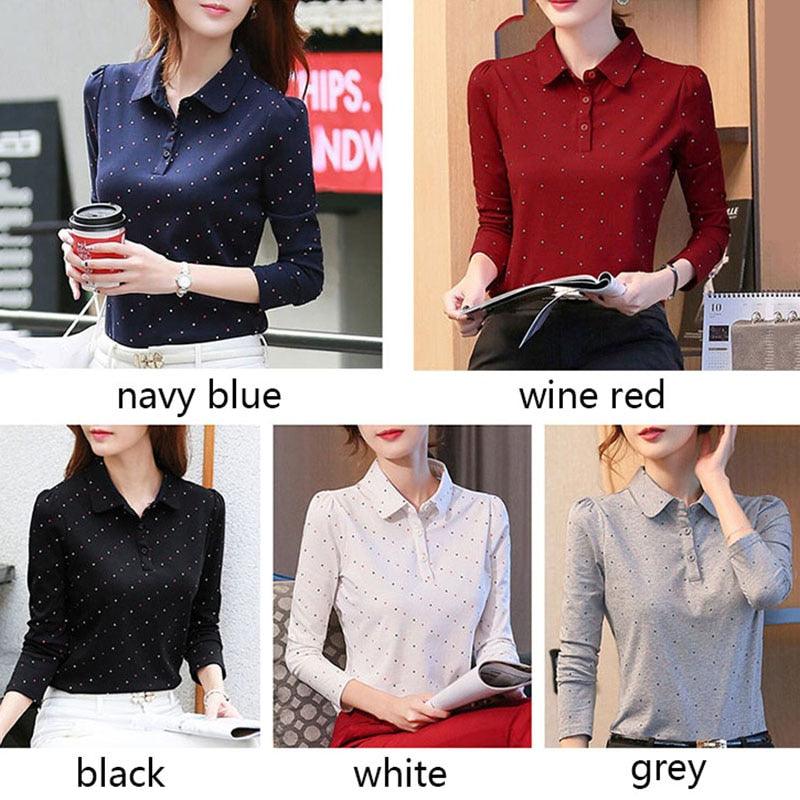 Gorgeous 100% Cotton Polo Shirt - Women Long Sleeve T Shirt - Office Work Wear - Lady Polka Dot Top (D19)(TB2)