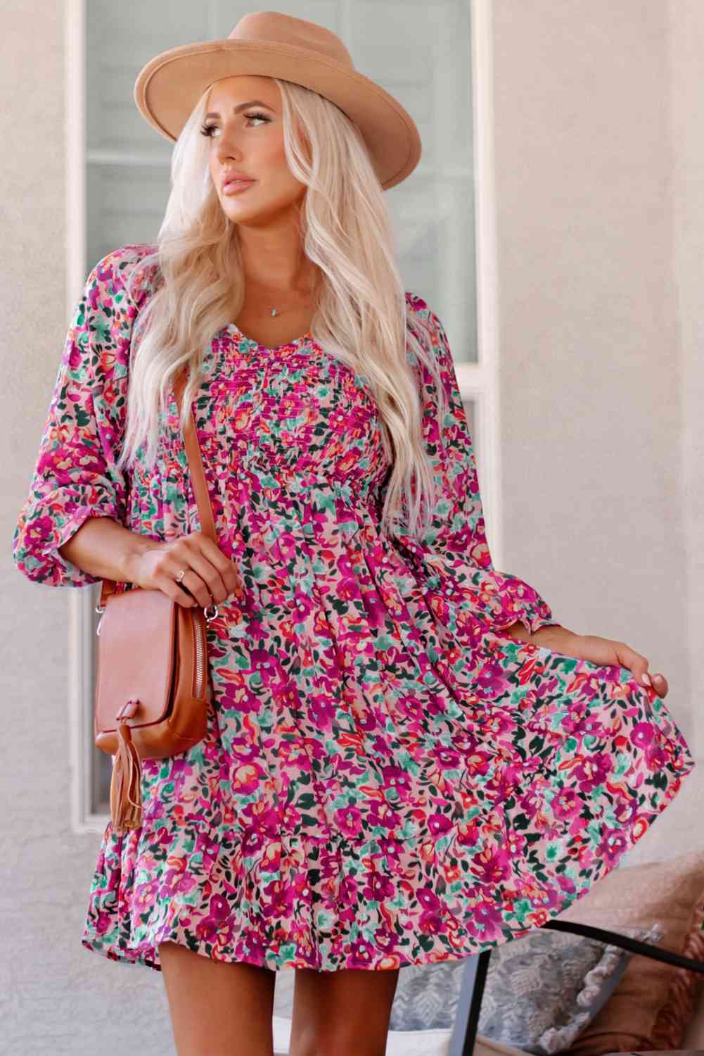 Floral Smocked V-Neck Flounce Sleeve Dress (MWBT) T - Deals DejaVu