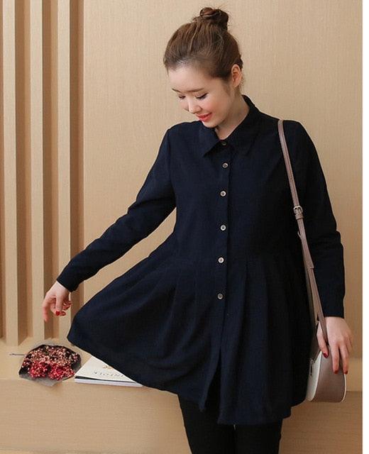 Amazing Pleated Waist Button Corduroy Maternity Blouses - Fashion Pregnancy Tunic Tops - Clothes For Pregnant Women (D4)(Z1)