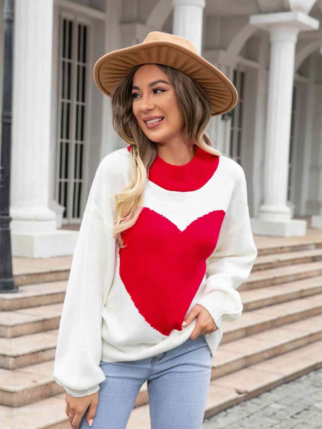 Heart Graphic Round Neck Sweater - Deals DejaVu