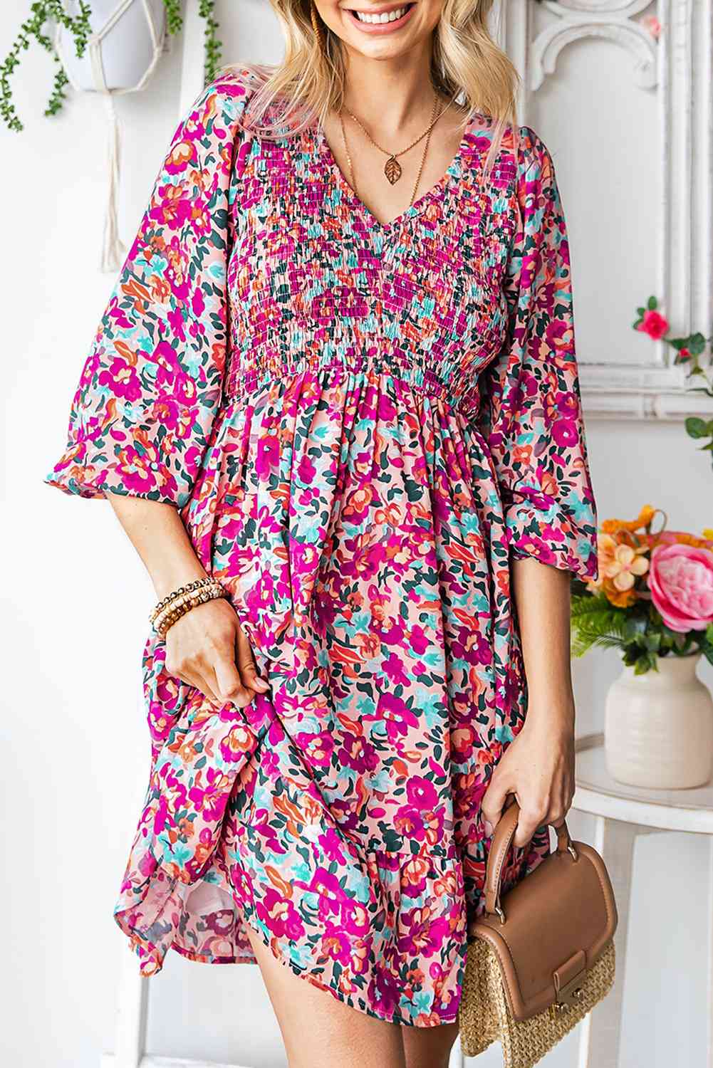 Floral Smocked V-Neck Flounce Sleeve Dress (MWBT) T - Deals DejaVu