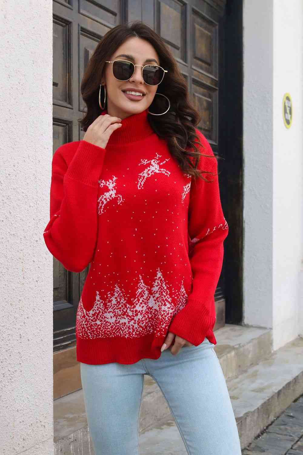 Reindeer & Snow Pattern Turtle Neck Pullover Sweater - Deals DejaVu