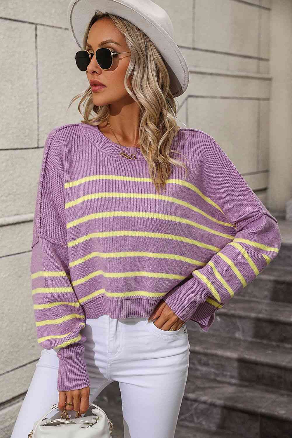 Striped Dropped Shoulder Round Neck Pullover Sweater - Deals DejaVu