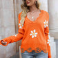 Flower Distressed Long Sleeve Sweater - Deals DejaVu