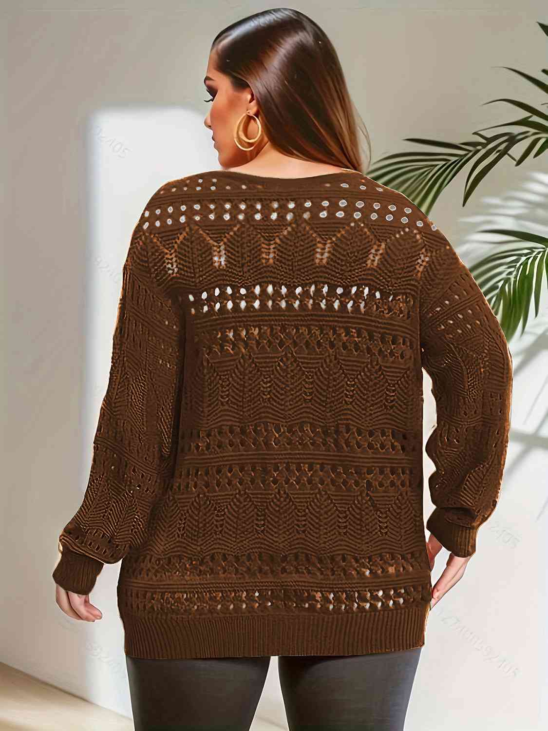 Plus Size Openwork Plunge Long Sleeve Sweater - Deals DejaVu