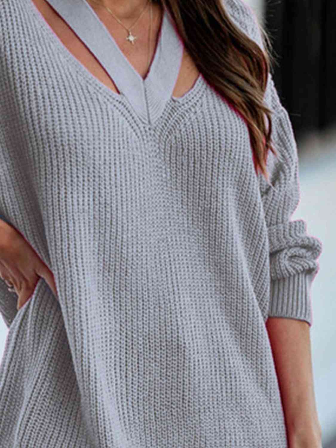 Full Size Cutout V-Neck Rib-Knit Sweater - Deals DejaVu