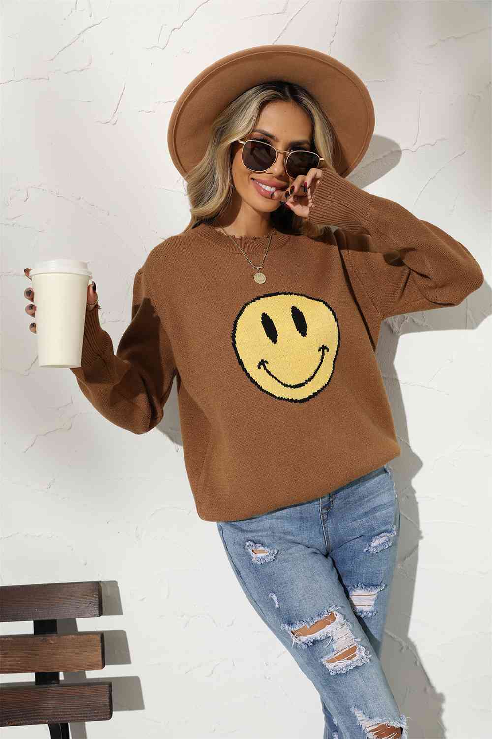 Round Neck Long Sleeve Smily Face Graphic Sweater (BFD) T - Deals DejaVu