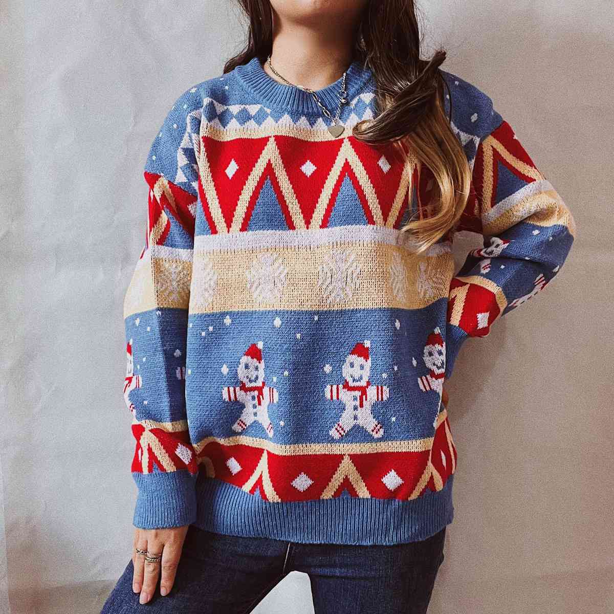 Printed Round Neck Long Sleeve Sweater - Deals DejaVu