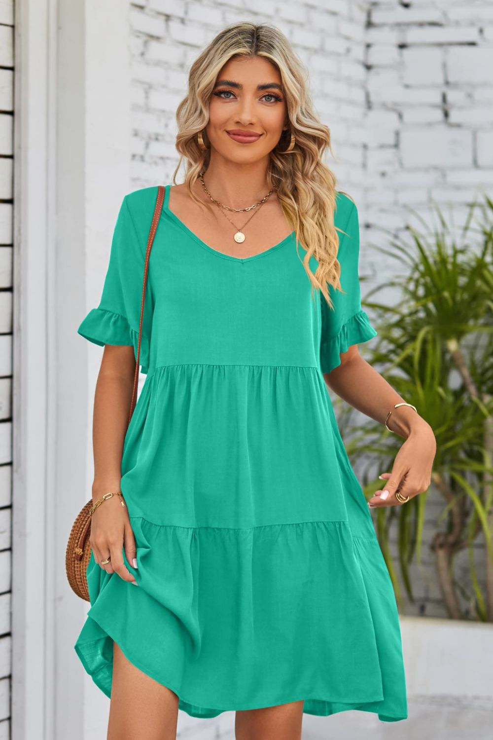 V-Neck Flounce Sleeve Tiered Dress (BWD)(WS06)T - Deals DejaVu