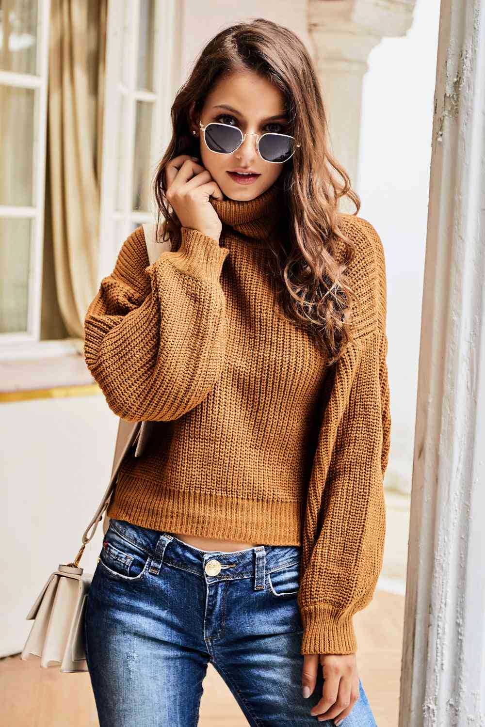 Woven Right Turtleneck Dropped Shoulder Rib-Knit Sweater