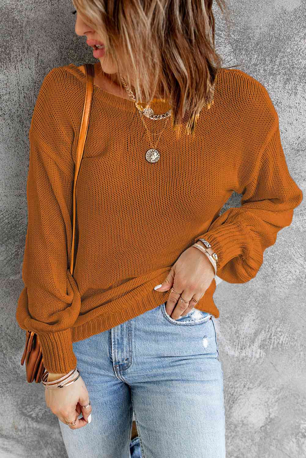 Double Take Tied Balloon Sleeve Round Neck Sweater