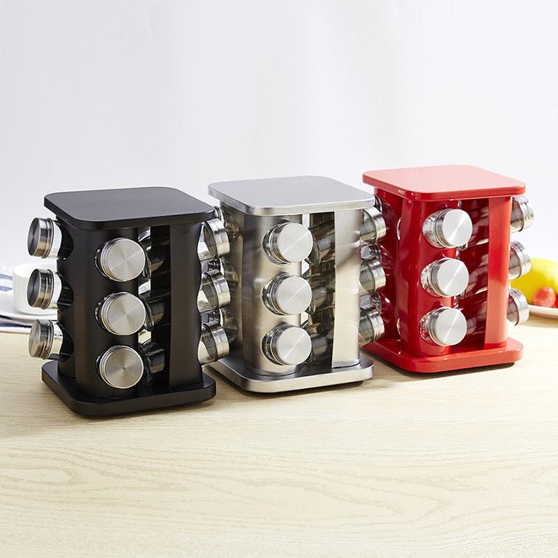 12Pcs Stainless Steel Jars For Spices Salt Pepper Spice Rack Glass Seasoning Bottle Set With Turnable Holder (D61)(AK8)