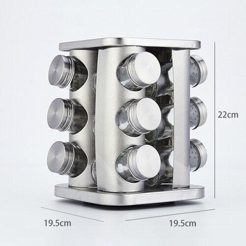 12Pcs Stainless Steel Jars For Spices Salt Pepper Spice Rack Glass Seasoning Bottle Set With Turnable Holder (D61)(AK8)