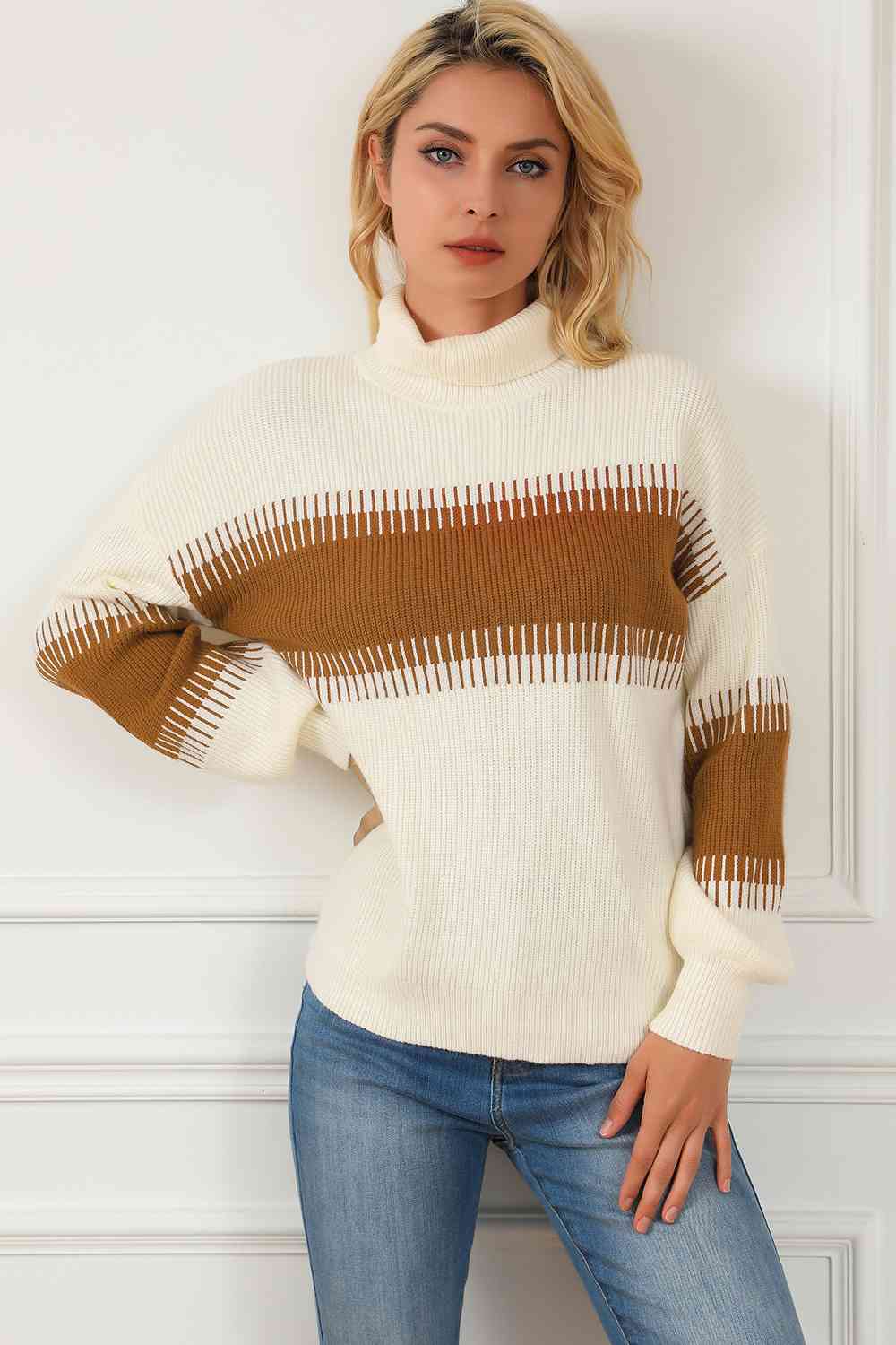 Contrast Turtleneck Long Sleeve Sweater - Deals DejaVu