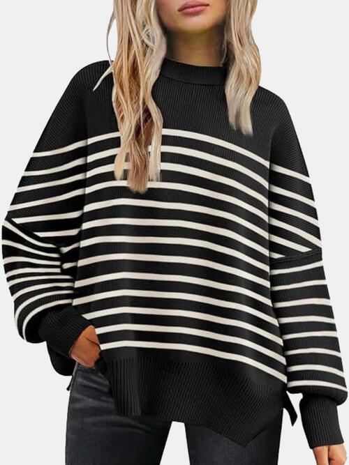 Round Neck Drop Shoulder Slit Sweater (BFD) T - Deals DejaVu