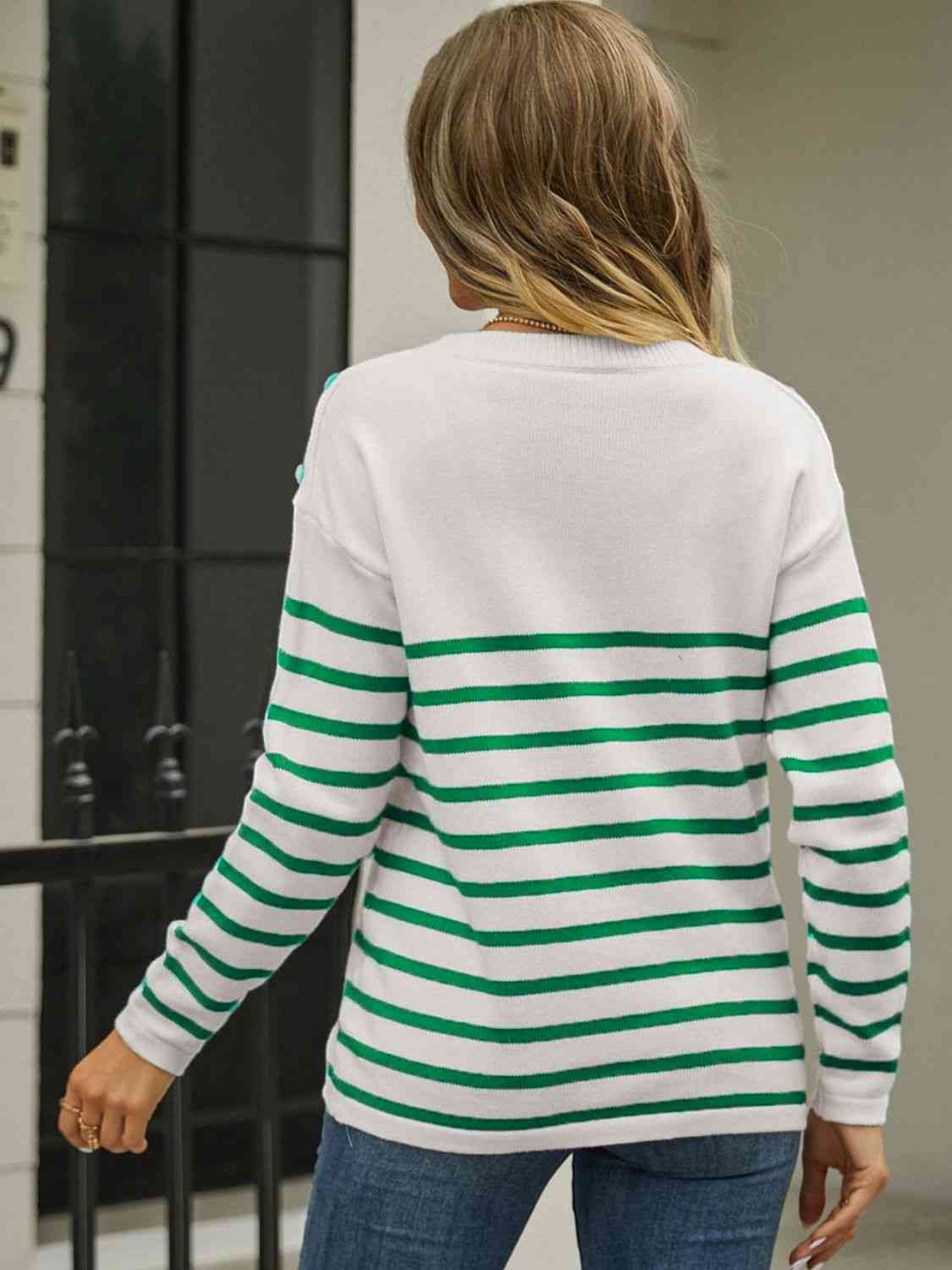 Round Neck Shoulder Button Striped Pullover Sweater - Deals DejaVu