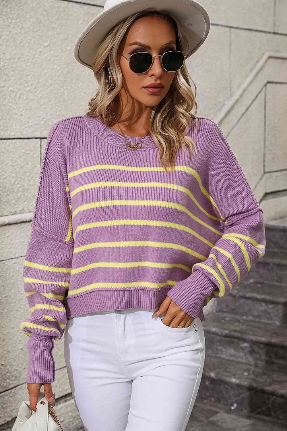 Striped Dropped Shoulder Round Neck Pullover Sweater - Deals DejaVu